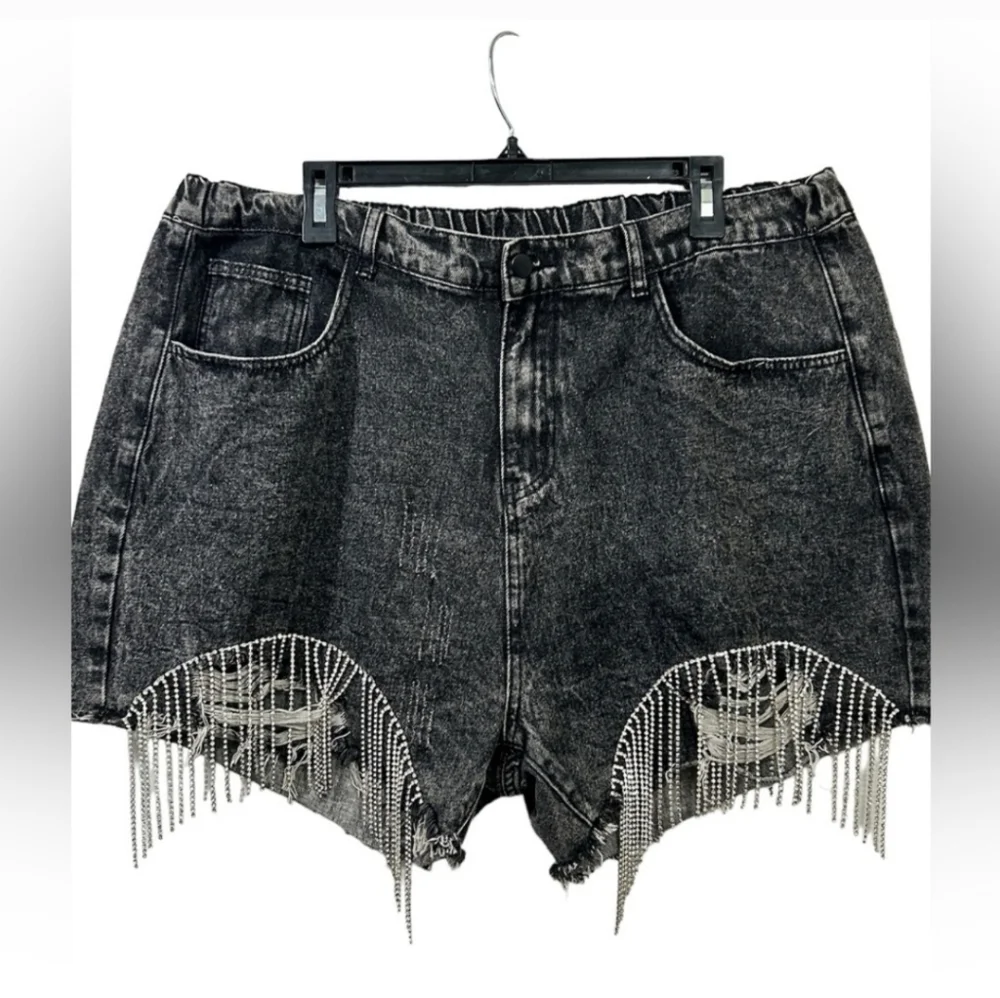 NWT Savanna Jane Black Distressed Denim Rhinestone Fringe High Rise Shorts 2x